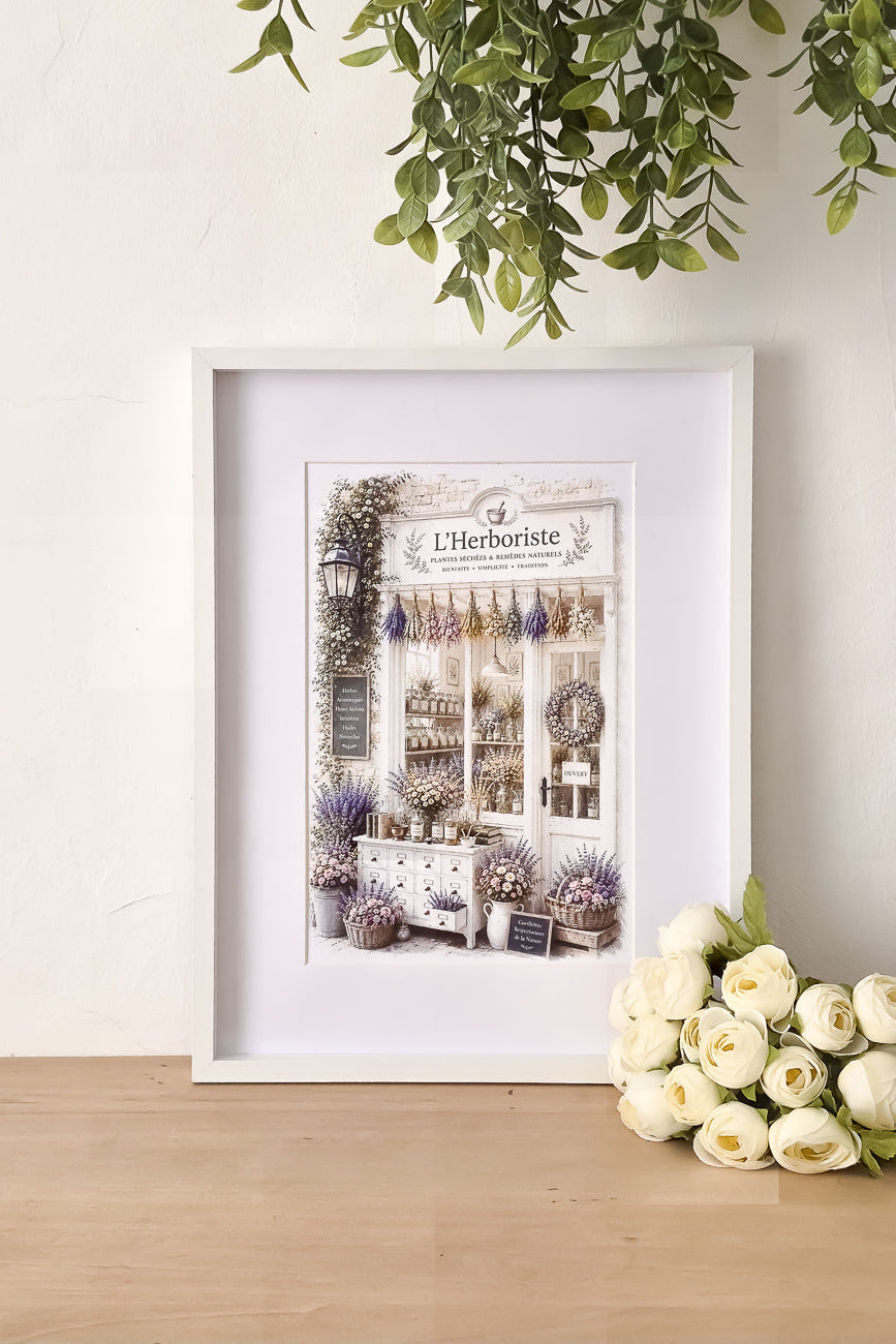 Affiche A4 de la vitrine d'un herboriste à l'ancienne mise en situation. Impression HD sur carton 200 g.