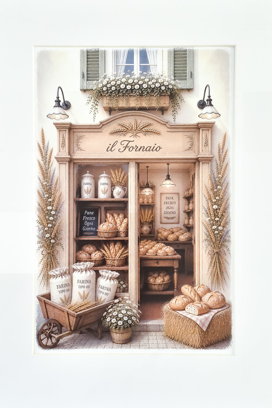 Affiche illustrée A4 d'une vitrine de boulangerie italienne vue de face. Impression HD sur carton 200 g.