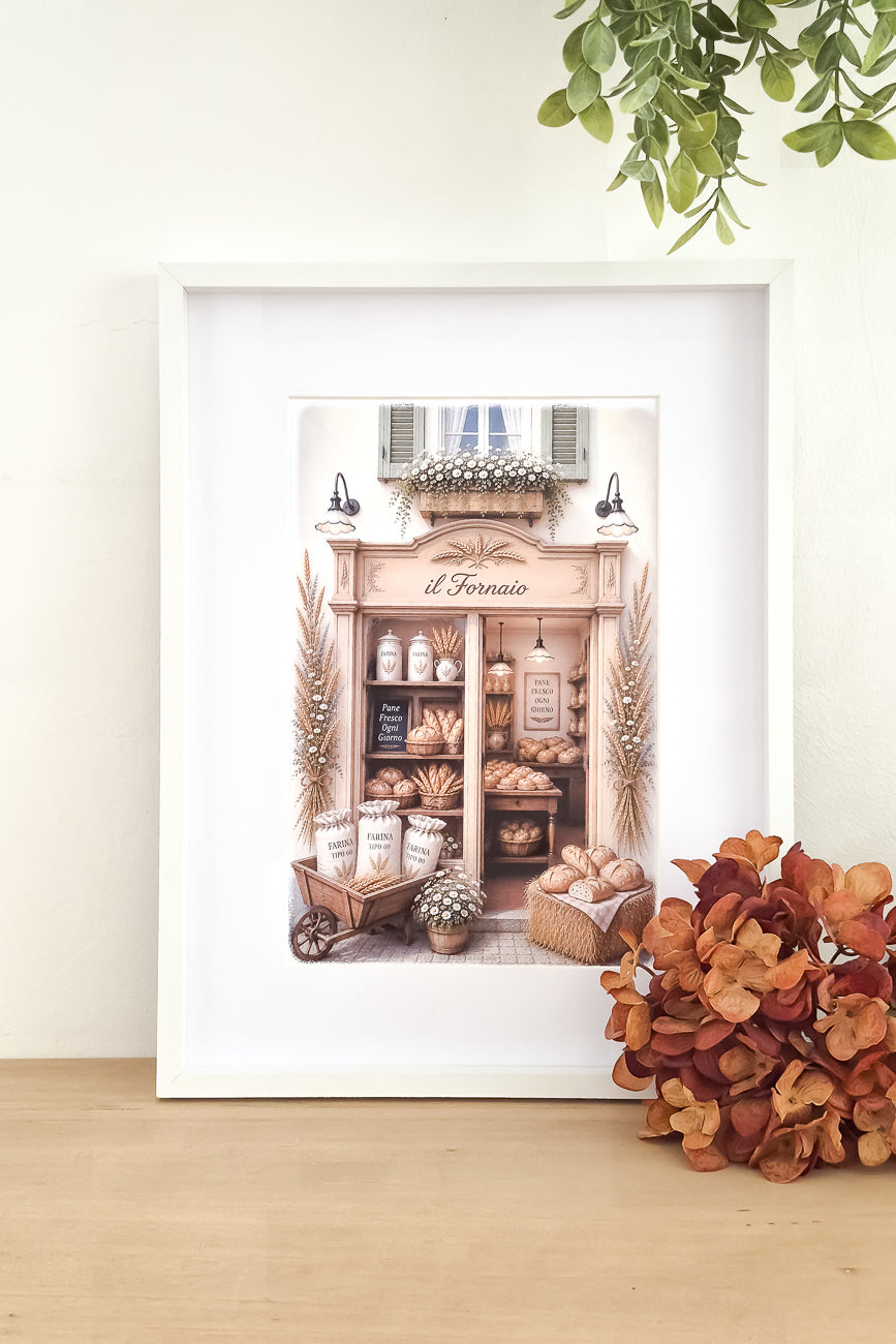 Affiche illustrée A4 d'une vitrine de boulangerie italienne mise en situation. Impression HD sur carton 200 g.