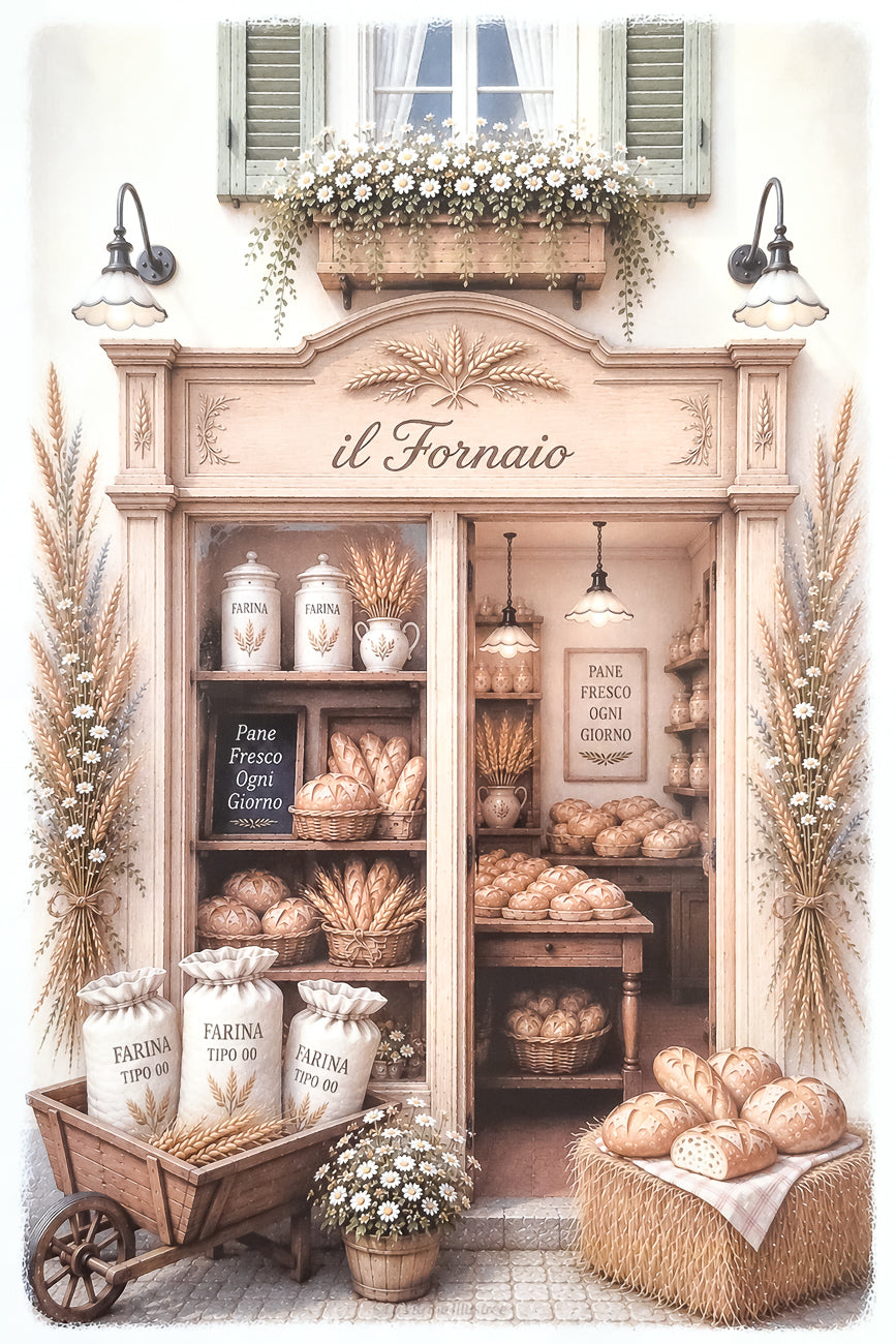 Affiche illustrée A4 d'une vitrine de boulangerie italienne. Impression HD sur carton 200 g.