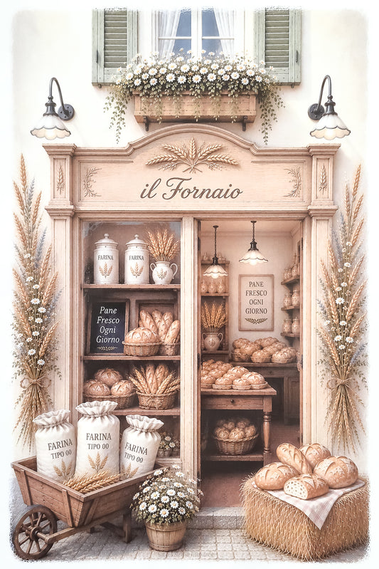 Affiche illustrée A4 d'une vitrine de boulangerie italienne. Impression HD sur carton 200 g.