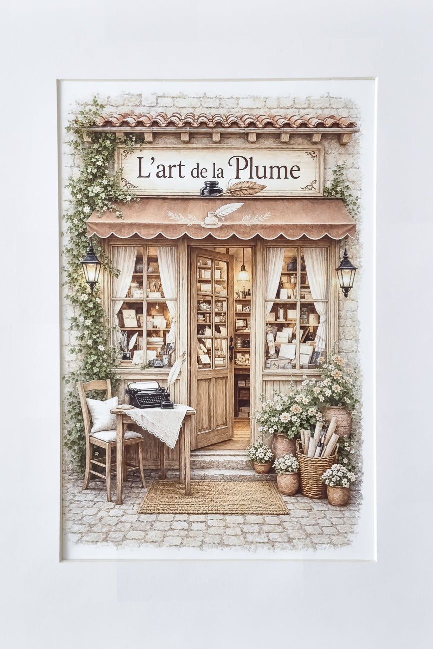 Affiche illustrée A4 Papeterie L'Art de la Plume vue de face. Impression HD sur carton 200 g.