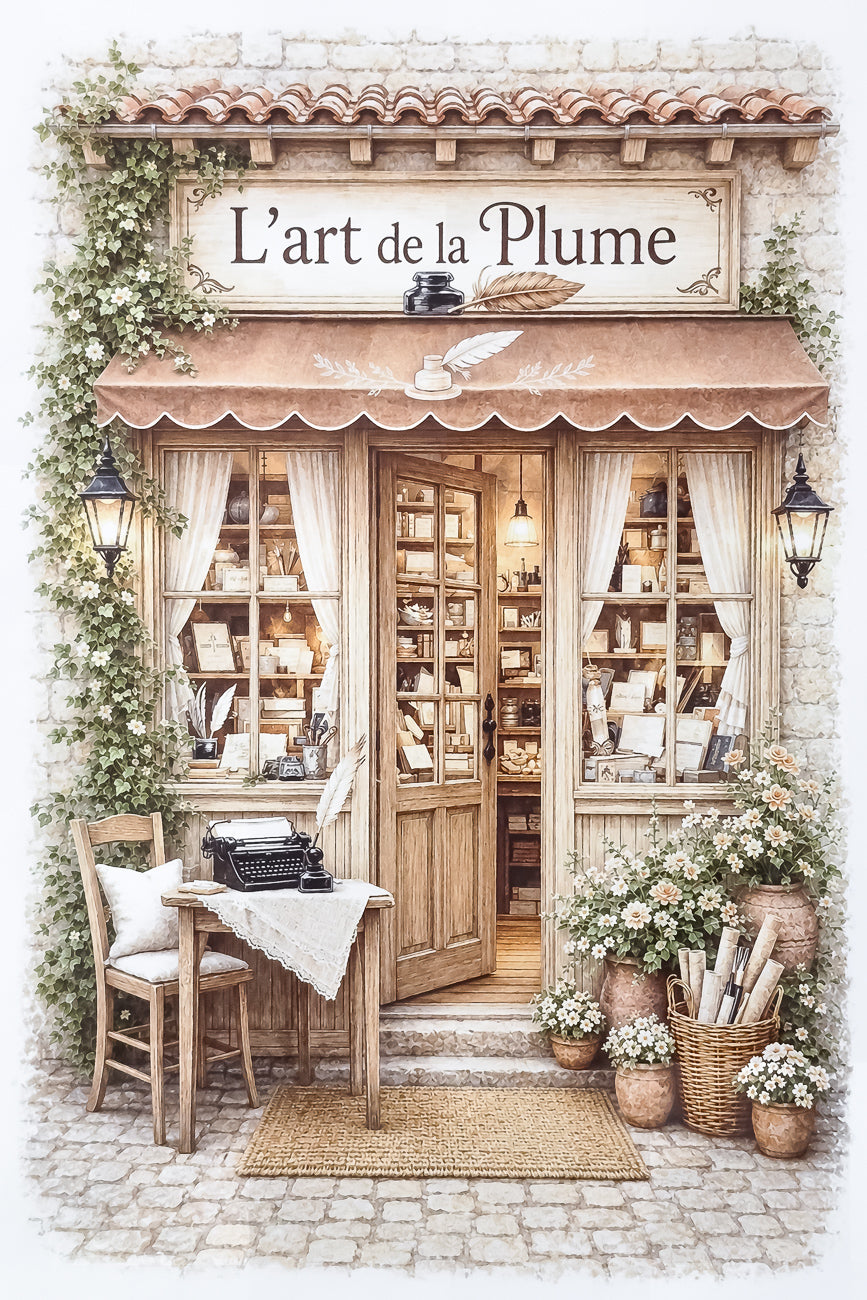 Affiche A4 illustrée Vitrine de papeterie L'Art de la Plume. Impression HD sur carton 200 g