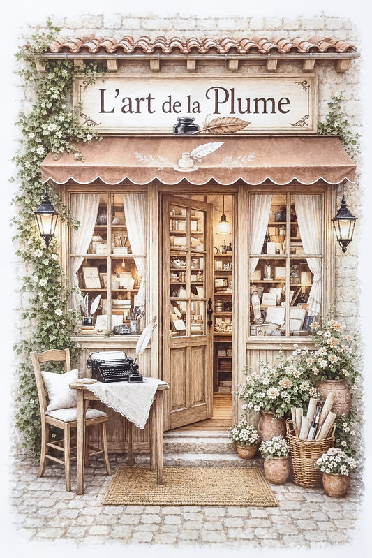 Affiche A4 illustrée Vitrine de papeterie L'Art de la Plume. Impression HD sur carton 200 g
