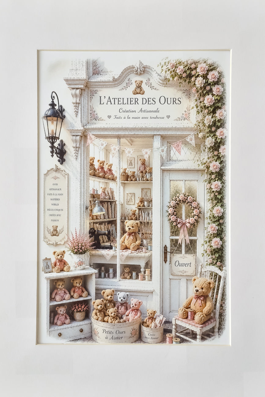 Affiche illustrée A4 d'une affiche de boutique L'atelier des Ours vue de face. Impression HD sur carton 200 g. 