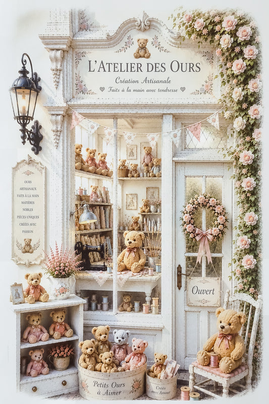 Affiche illustrée A4 d'une vitrine de boutique Atelier des ours. Impression HD sur carton 200 g. Décoration murale. Idée cadeau de naissance