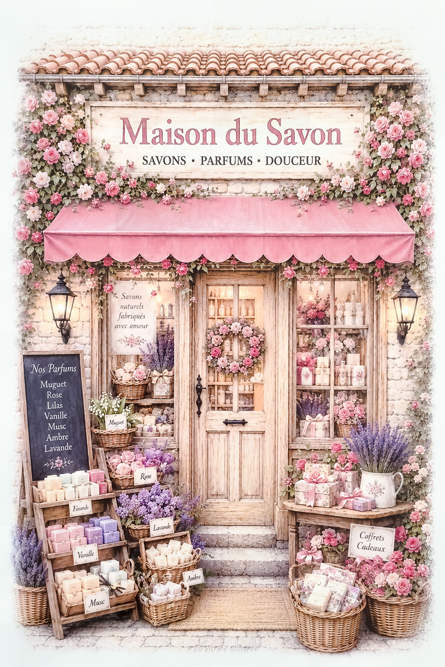 Affiche format A4 d'une vitrine de boutique de savons. Impression hd sur carton 200 g