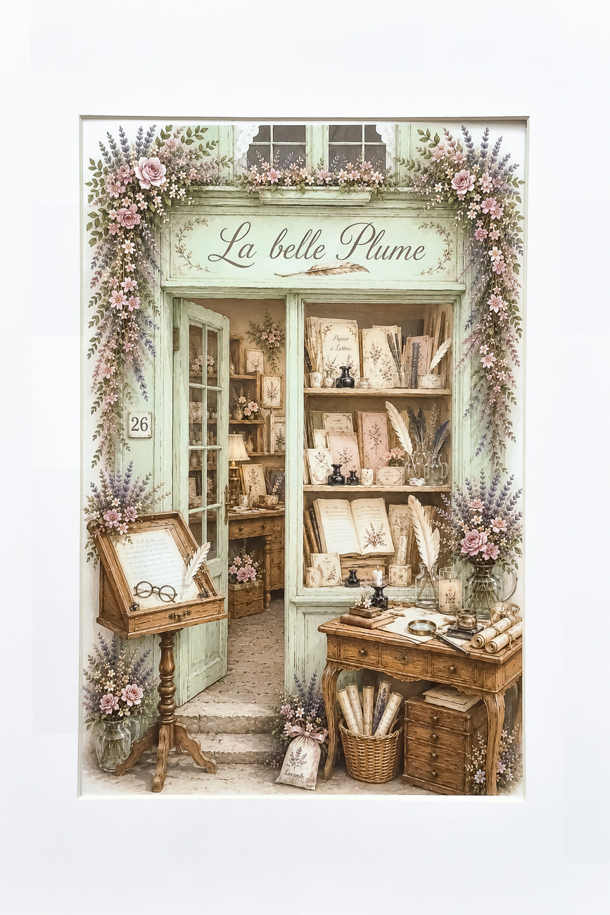 Affiche illustrée A4 vitrine de boutique  Papeterie La Belle Plume vue de face. Impression HD sur carton 200 g.