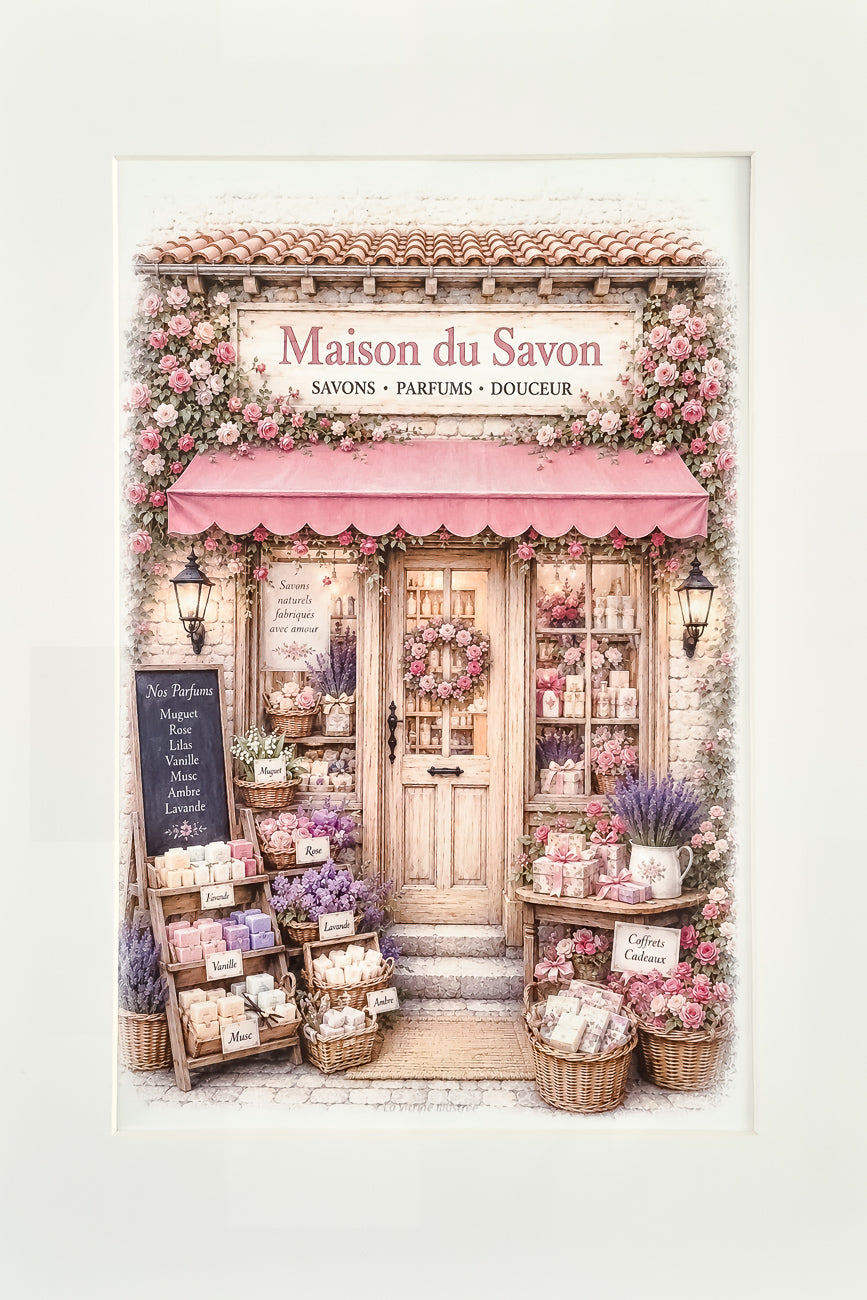 Affiche format A4 d'une vitrine de boutique de savons vue de face. Impression hd sur carton 200 g