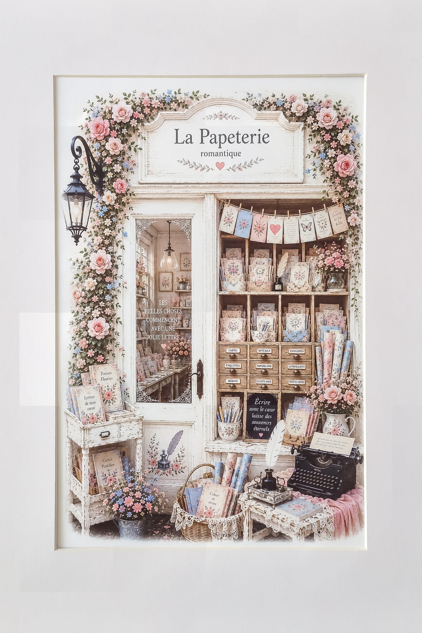 Affiche Format A4 d'une vitrine de papeterie romantique vue de face. Impression HD sur carton 200 g.