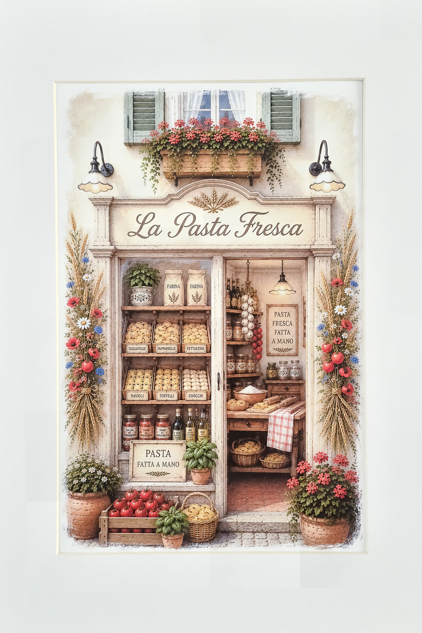 Affiche illustrée A4 d'une vitrine de boulangerie italienne vue de face. Impression HD sur carton 200 g.