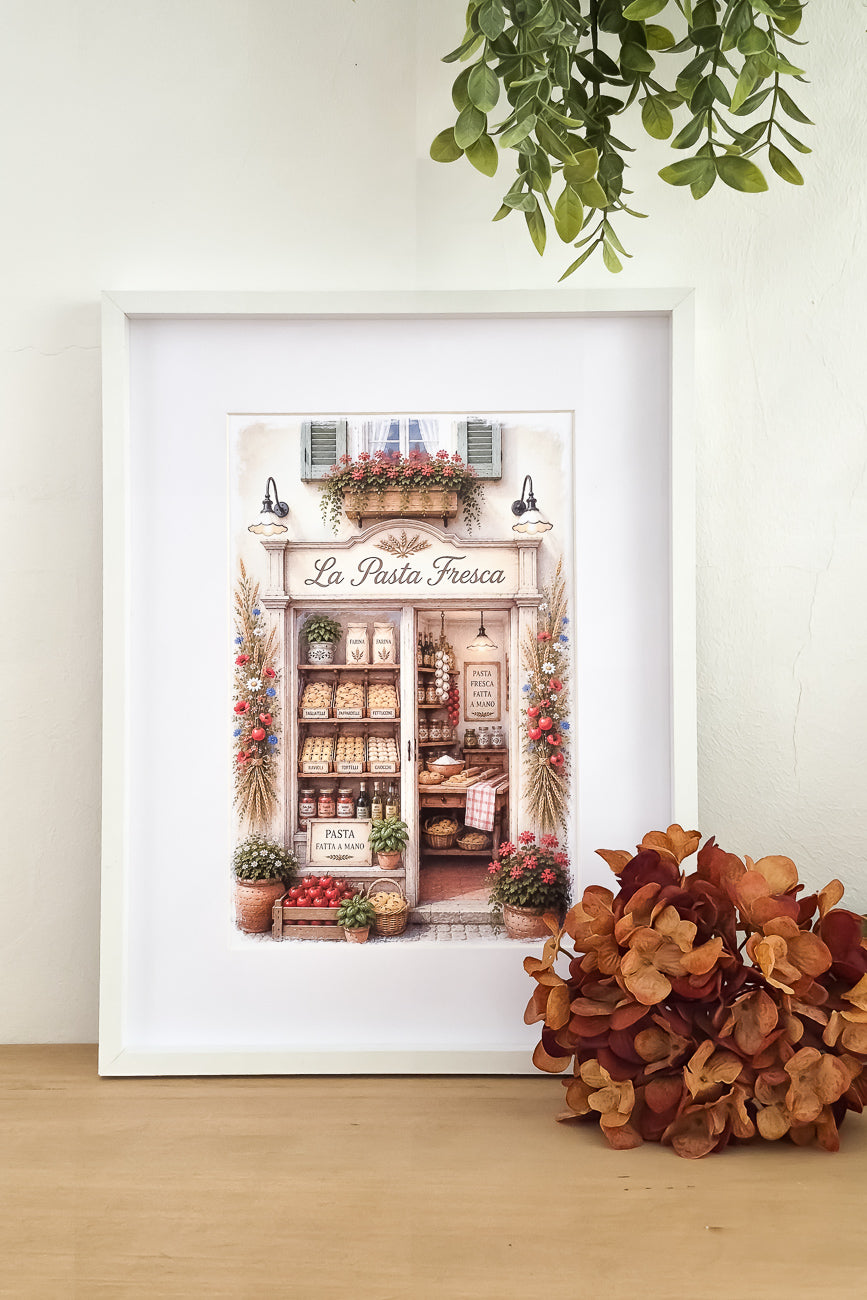 Affiche illustrée A4 d'une vitrine de magasin de pâtes italien mise en situation. Impression HD sur carton 200 g.