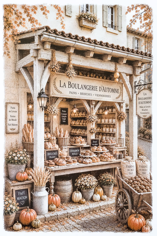 Affiche format A4 d'une vitrine de boulangerie d'automne. Impression HD sur carton 200 g.