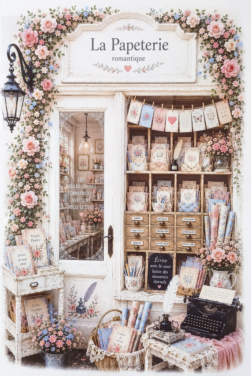 Affiche Format A4 d'une vitrine de papeterie romantique. Impression HD sur carton 200 g.