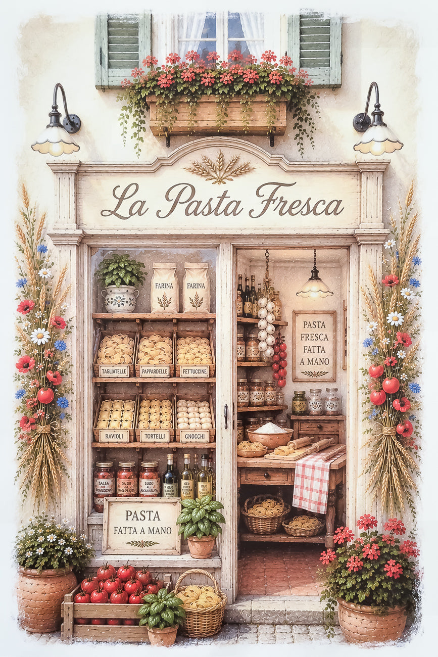 Affiche illustrée A4 d'une vitrine de magasin de pâtes italien. Impression HD sur carton 200 g.