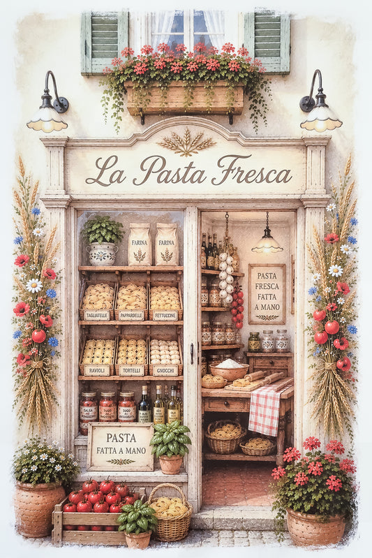 Affiche illustrée A4 d'une vitrine de magasin de pâtes italien. Impression HD sur carton 200 g.