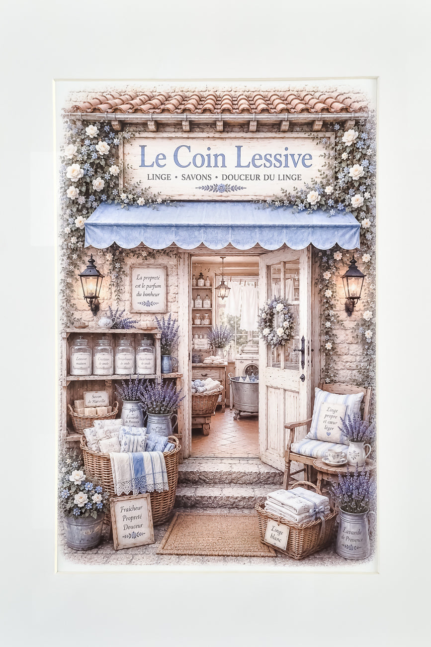 Affiche format A4  d'une vitrine de laverie Le coin Lessive vue de face. Impression HD sur carton 200 g.
