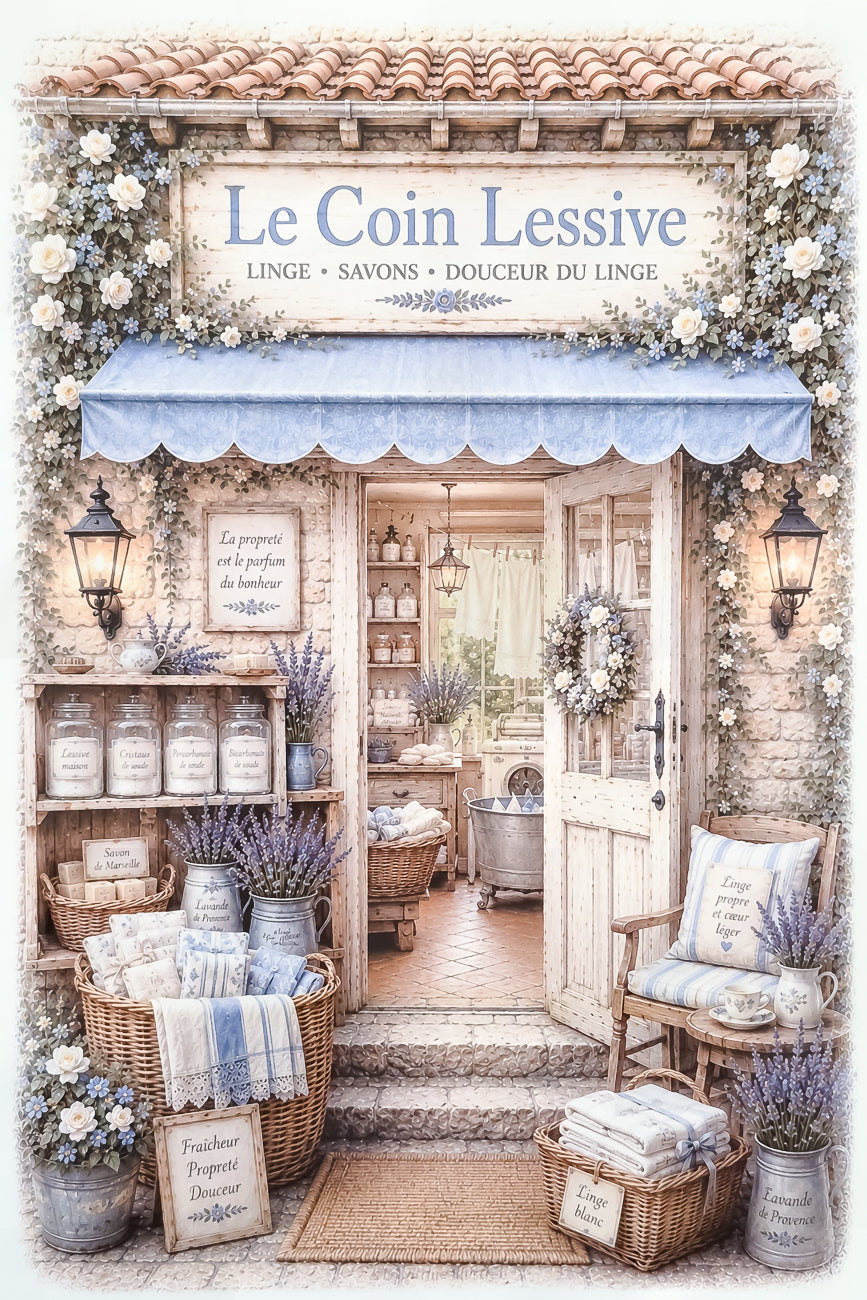 Affiche format A4 d'une vitrine de laverie Le coin Lessive. Impression HD sur carton 200 g.
