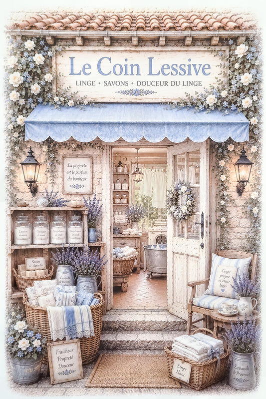 Affiche format A4 d'une vitrine de laverie Le coin Lessive. Impression HD sur carton 200 g.