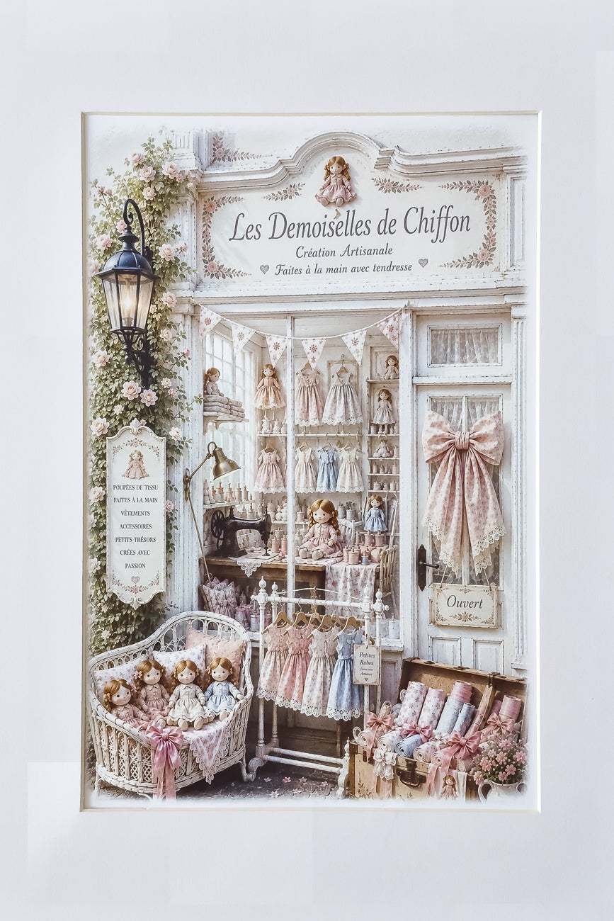 Affiche A4 illustrée d'une vitrine de boutique de poupée en chiffons vue de face. Imprimée en HD sur carton 200 g.