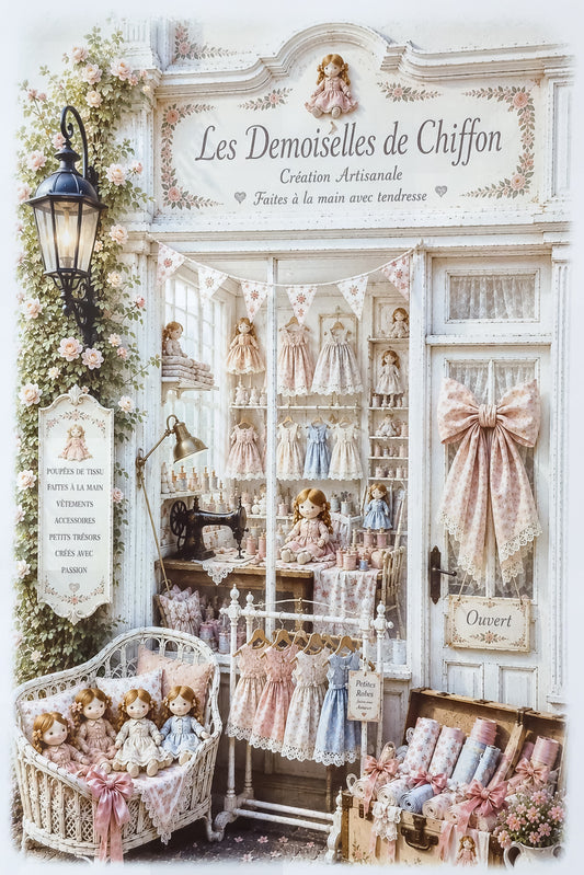 Affiche A4 illustrée d'une vitrine de boutique de poupées en chiffons. Imprimée en HD sur carton 200 g.