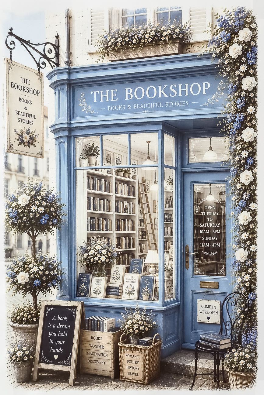 Affiche illustrée  A4 d'une vitrine de librairie anglaise The Bookshop. Impression hd sur carton 200 g. 