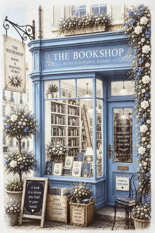 Affiche illustrée  A4 d'une vitrine de librairie anglaise The Bookshop. Impression hd sur carton 200 g. 