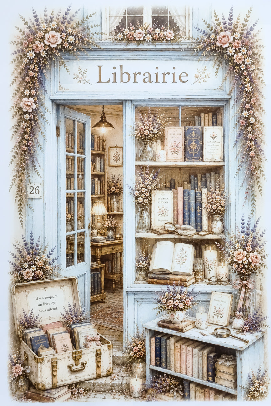 Affiche illustrée A4 Librairie bleue poétique. Impression hd sur papier cartonné 200 g 