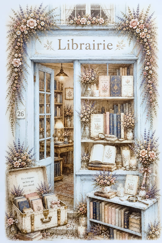 Affiche illustrée A4 Librairie bleue poétique. Impression hd sur papier cartonné 200 g 
