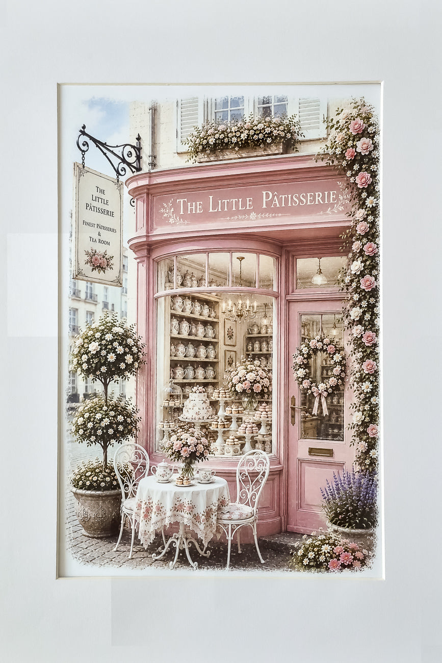 Affiche illustrée A4 d'une vitrine de salon de thé anglais The Little Pâtisserie vu de face. Impression HD sur carton 200 g.