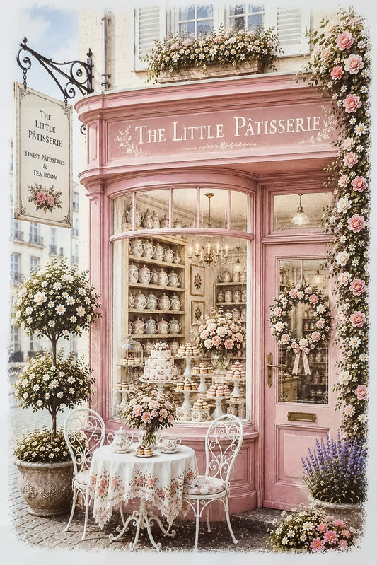 Affiche A4 illustrée d'une vitrine de salon de thé anglais. Impression HD sur carton 200 g.