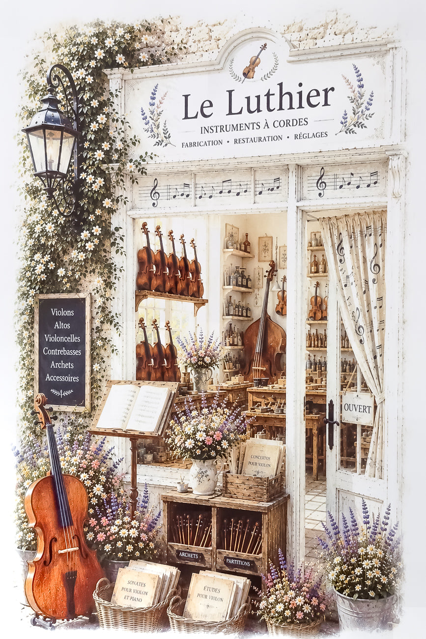 Affiche format A4 d'une vitrine de luthier shabby. Impression HD sur carton 200 g.