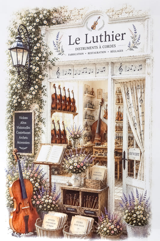 Affiche format A4 d'une vitrine de luthier shabby. Impression HD sur carton 200 g.