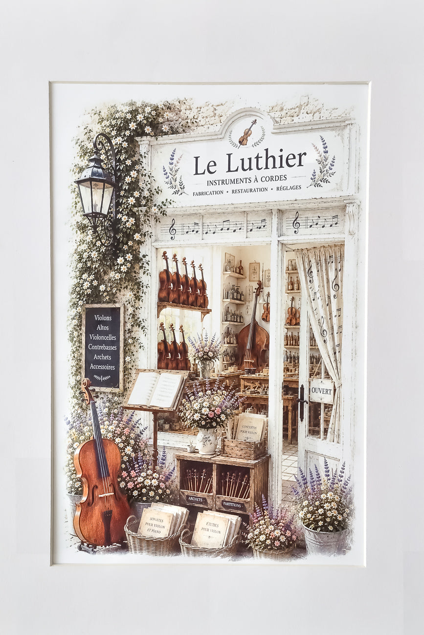 Affiche format A4 d'une vitrine de luthier shabby vue de face. Impression HD sur carton 200 g.