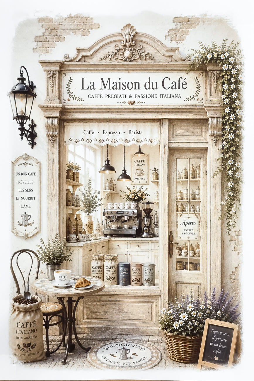 Affiche A4 illustrée vitrine boutique Maison du Café Passion Italie. Impression hd sur carton 200 g.