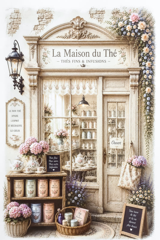 Affiche A4 illustrée vitrine boutique La Maison du Thé 2. Impression hd sur carton 200 g