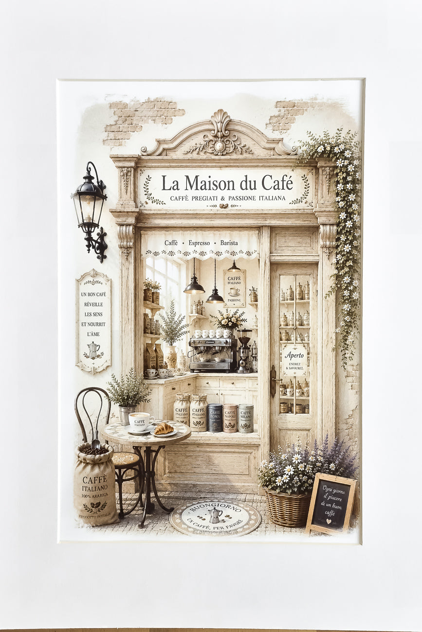 Affiche A4 imprimée vitrine boutique La Maison du café Passion Italie vue de face. Impression HD sur carton 200g