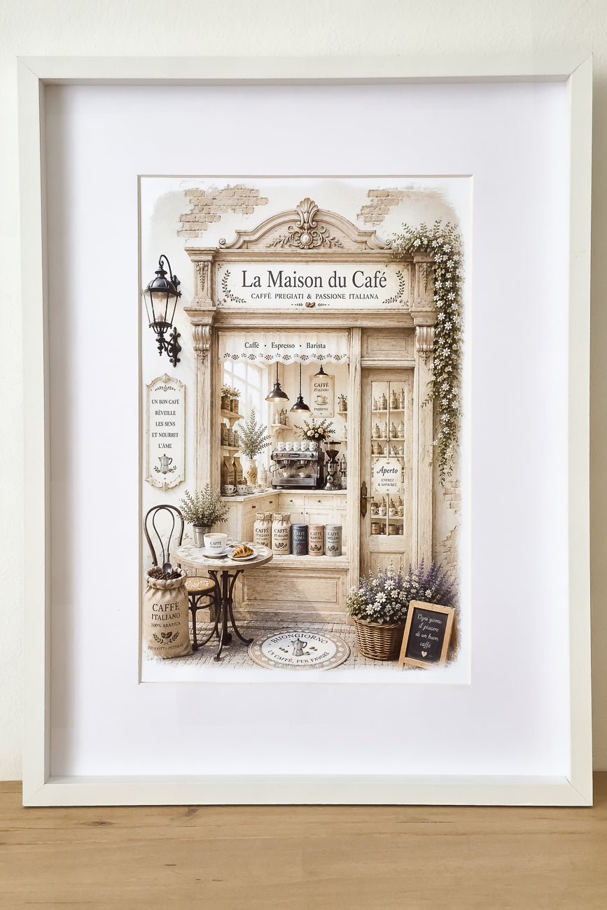 Affiche illustrée A4 vitrine boutique La Maison du Café Passion Italie mise en situation. Impression hd sur carton 200 g