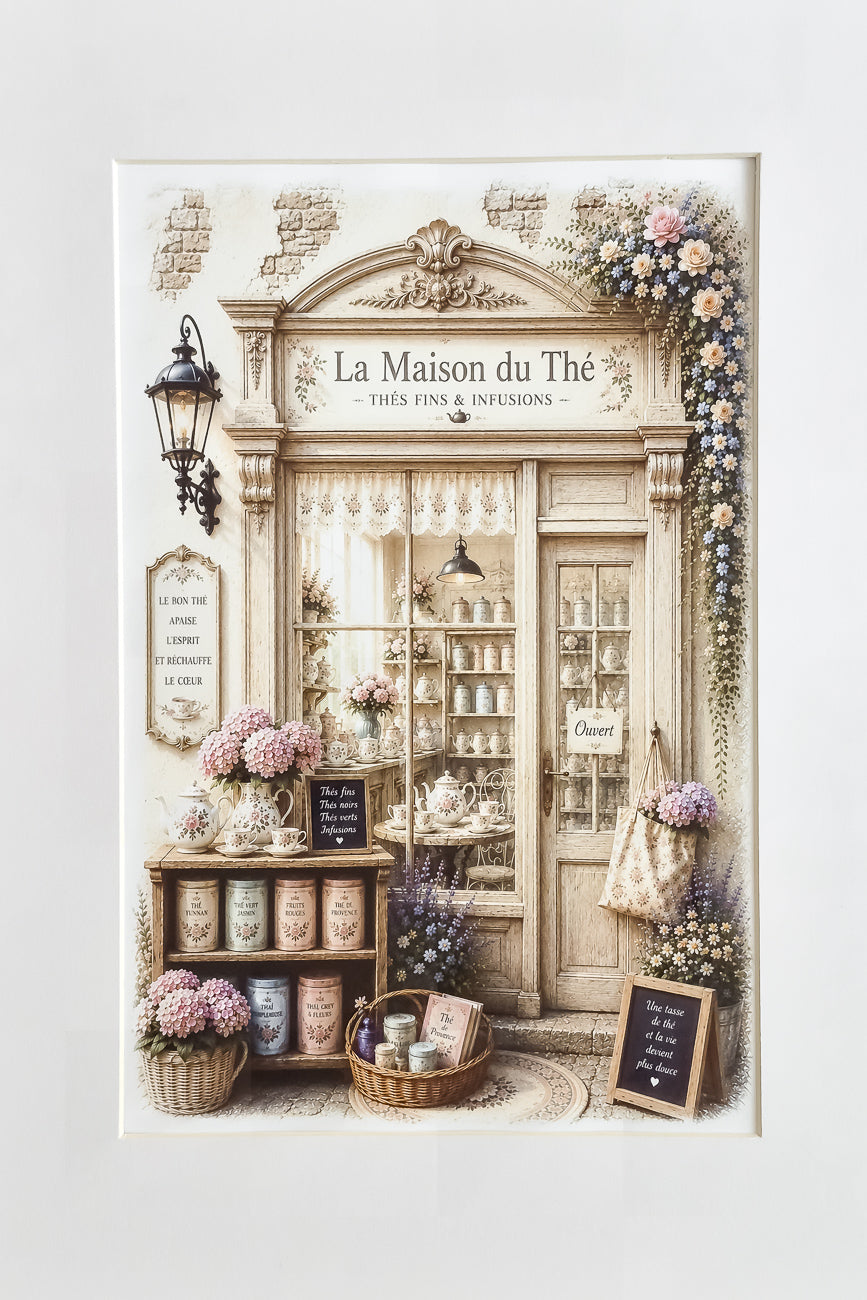 Affiche A4 illustrée vitrine boutique La Maison du Thé vue de face. Impression hd sur carton 200 g