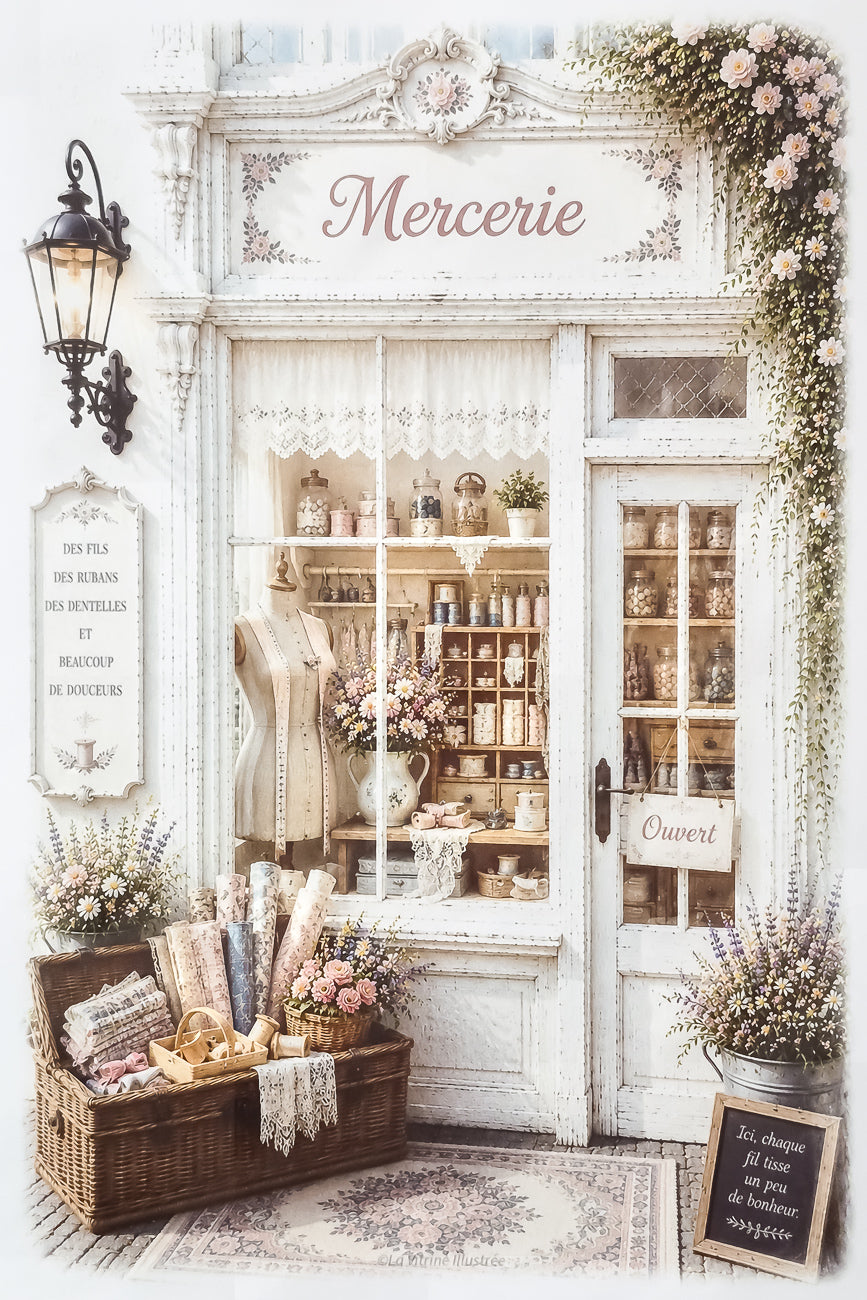 Affiche format A4 d'une vitrine de mercerie style shabby chic. Impression HD sur carton 200 g.
