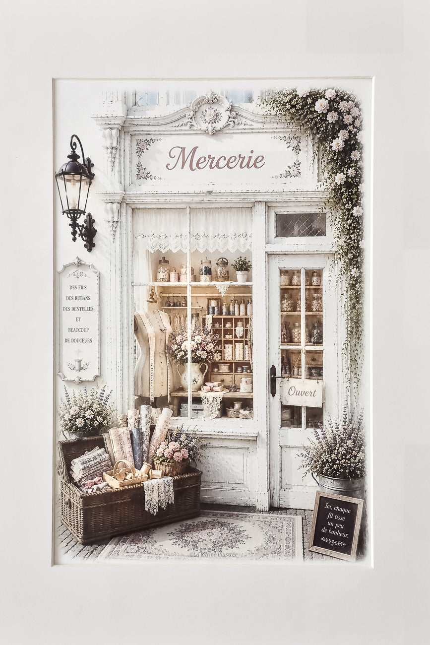 Affiche format A4 d'une vitrine de mercerie style shabby chic vue de face. Impression HD sur carton 200 g.