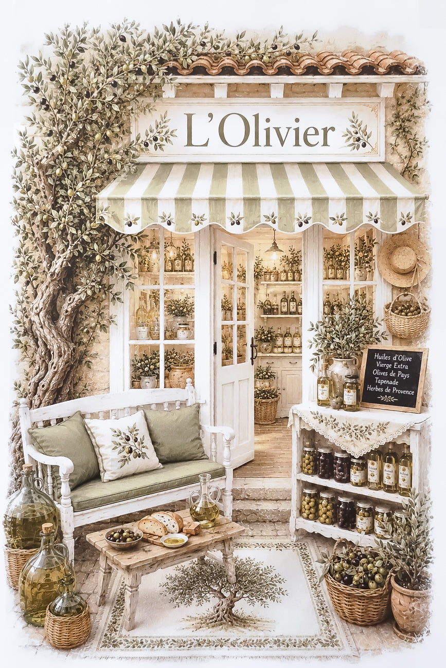 Affiche illustrée A4 vitrine boutique L'olivier - impression hd sur carton 200g