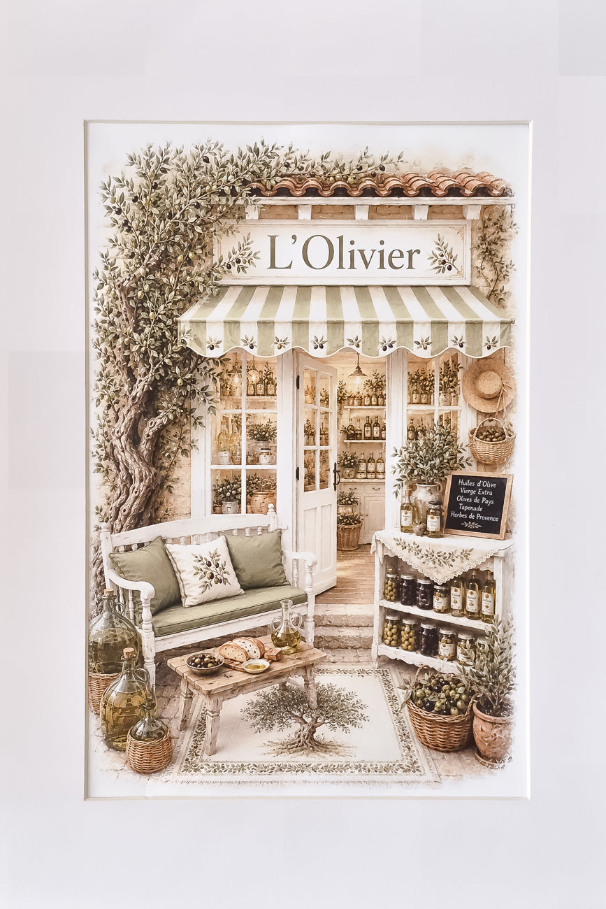 Affiche A4 illustrée Vitrine boutique L'Olivier vue de face. Impression hd sur carton 200g