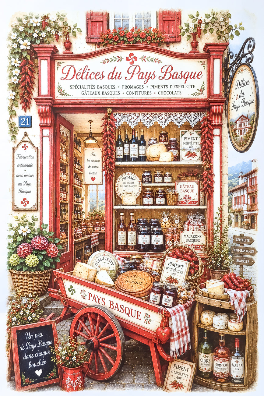 Affiche A4 illustrée vitrine boutique Délices du pays basque. Impression hd sur carton 200g