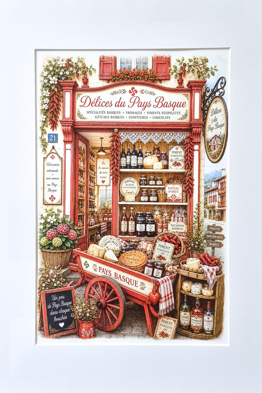 Affiche A4 illustrée vitrine boutique Délices du pays basque vue de face. Impression hd sur carton 200 g