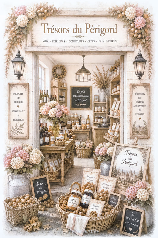Affiche A4 illustrée vitrine boutique Trésors du Périgord.  Impression hd sur carton 200 g