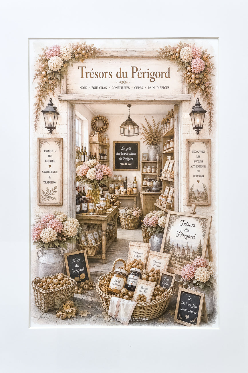 Affiche A4 illustrée vitrine boutique Trésors du Périgord vue de face. Impression hd sur carton 200g