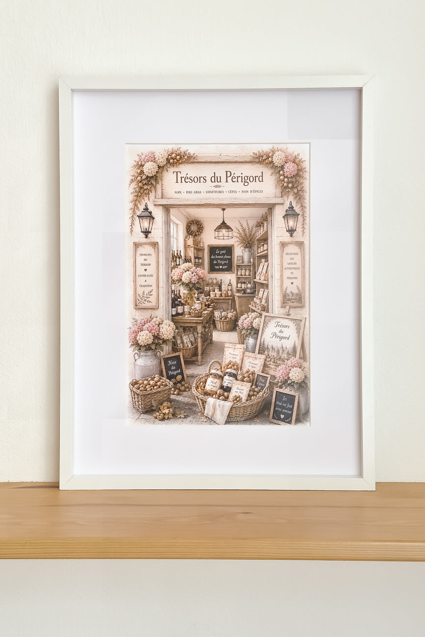 Affiche A4 illustrée vitrine boutique Trésors du Périgord mise en situation. Impression hd sur carton 200 g