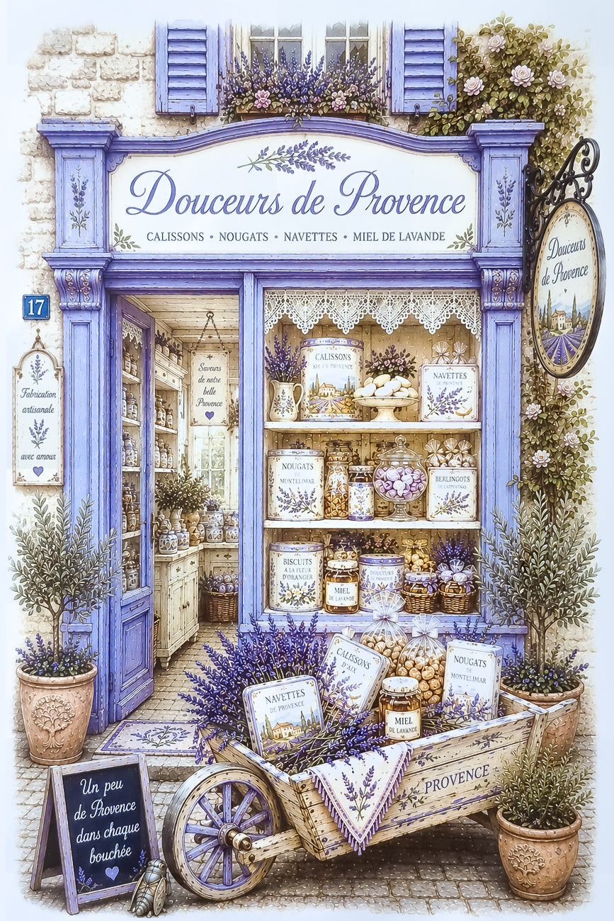 Affiche A4 illustrée vitrine boutique Douceurs de Provence. Impression hd sur carton 200g.