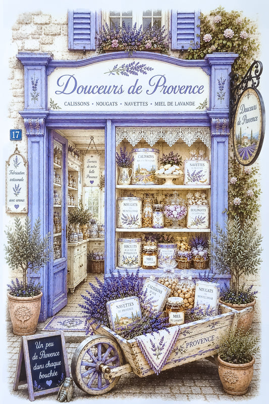 Affiche A4 illustrée vitrine boutique Douceurs de Provence. Impression hd sur carton 200g.